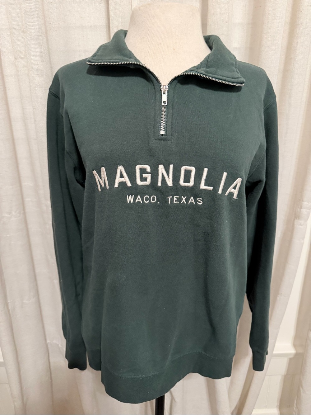 Magnolia Men's Forest Green Half-Zip Sweater with White Embroidery Quarter zip